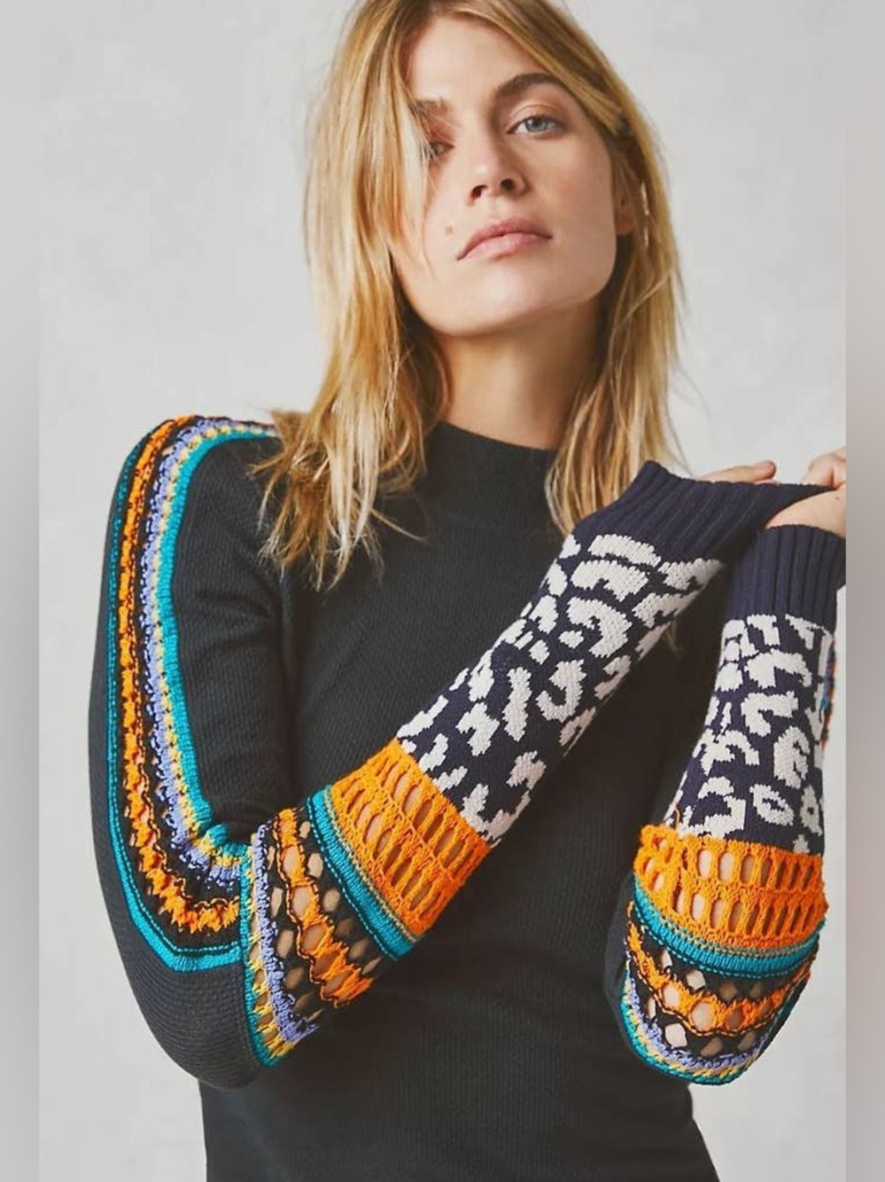 Free People Thermal Top XS Waffle Knit Colorful Patchwork Crochet Cuff Black